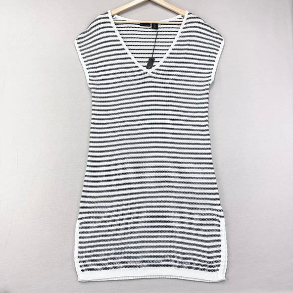 Tahari Dress Womens M Black White Striped Cotton V-neck Woven Swim Cover NWT - Picture 1 of 7